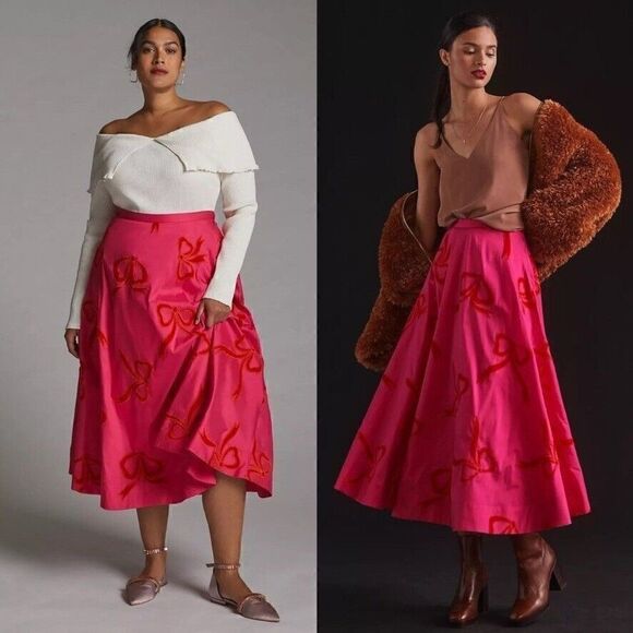 ANTHROPOLOGIE Maeve Taffeta Bow Maxi Skirt Pink Red - Picture 3 of 8